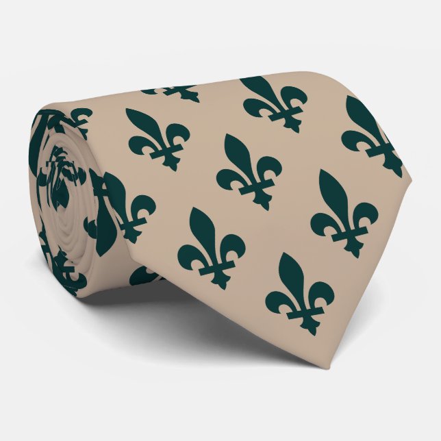 Fleur de Lis Pattern, Royal French Green on Cream Neck Tie (Rolled)
