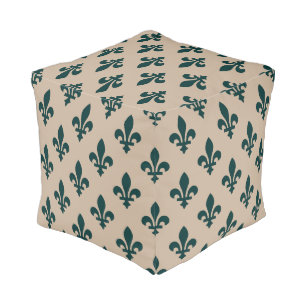 Fleur de Lis Pattern, Royal French Green on Cream Pouf