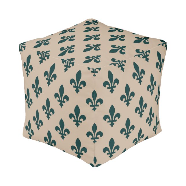 Fleur de Lis Pattern, Royal French Green on Cream Pouf (Angled Back)