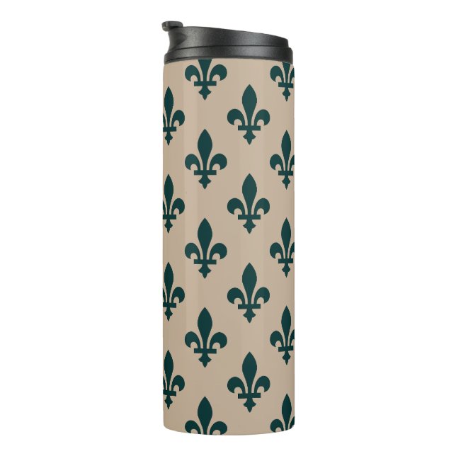 Fleur de Lis Pattern, Royal French Green on Cream Thermal Tumbler (Rotated Right)