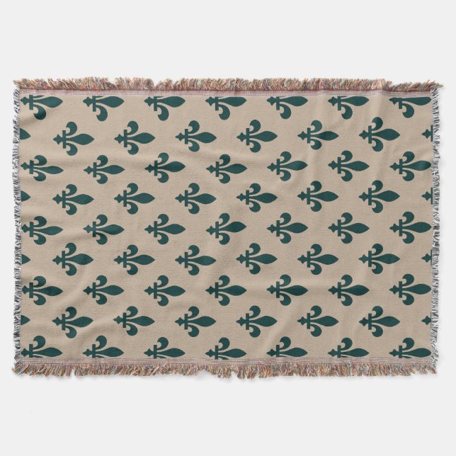 Fleur de Lis Pattern, Royal French Green on Cream Throw Blanket (Front)