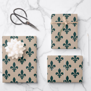 Fleur de Lis Pattern, Royal French Green on Cream Wrapping Paper Sheets