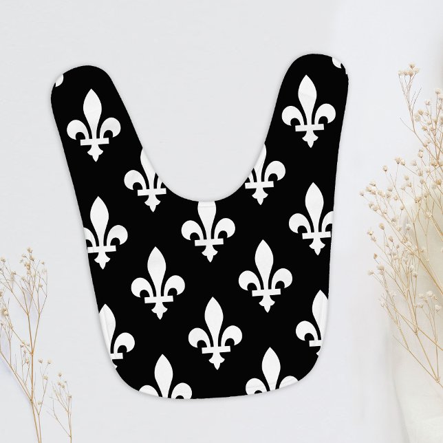 Fleur de Lis Pattern, Royal French, White on Black Baby Bib (Creator Uploaded)