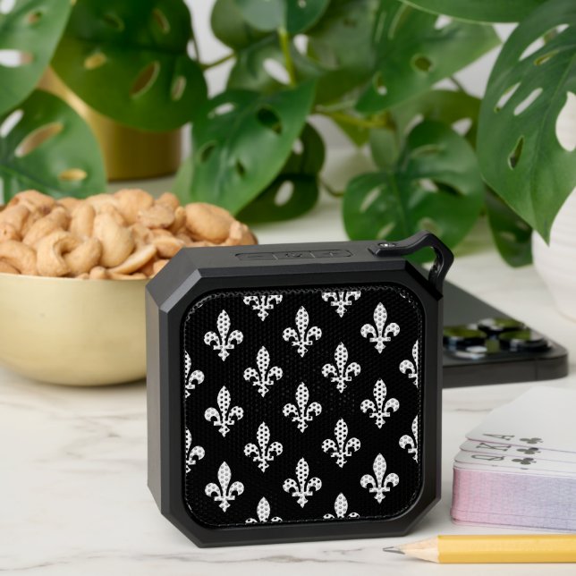 Fleur de Lis Pattern, Royal French, White on Black Bluetooth Speaker (Insitu(Table))