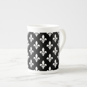 Fleur de Lis Pattern, Royal French, White on Black Bone China Mug