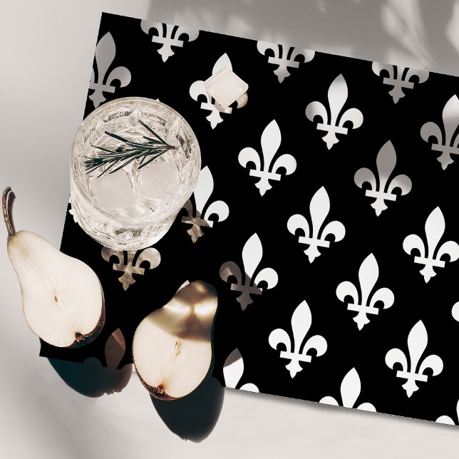 Fleur de Lis Pattern, Royal French, White on Black Cloth Placemat (Creator Uploaded)