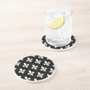 Fleur de Lis Pattern, Royal French, White on Black Coaster
