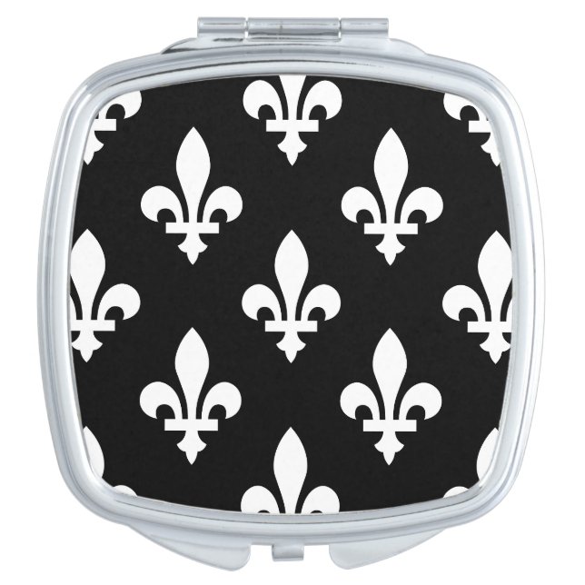 Fleur de Lis Pattern, Royal French, White on Black Compact Mirror (Front)