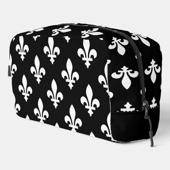 Fleur de Lis Pattern, Royal French, White on Black Dopp Kit (Right Corner)