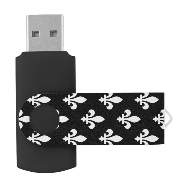 Fleur de Lis Pattern, Royal French, White on Black Flash Drive (Opened)