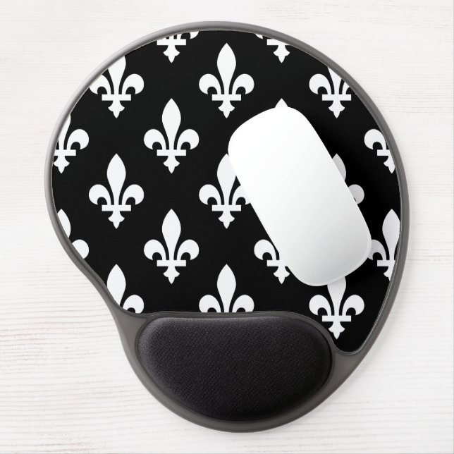 Fleur de Lis Pattern, Royal French, White on Black Gel Mouse Pad (Left Side)