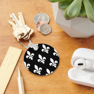Fleur de Lis Pattern, Royal French, White on Black Keychain