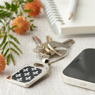 Fleur de Lis Pattern, Royal French, White on Black Keychain