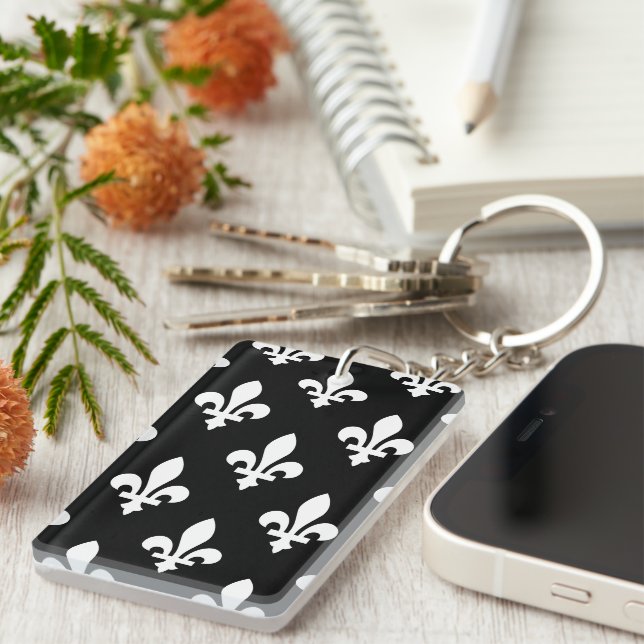 Fleur de Lis Pattern, Royal French, White on Black Keychain (Front Right)
