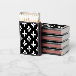Fleur de Lis Pattern, Royal French, White on Black Matchboxes