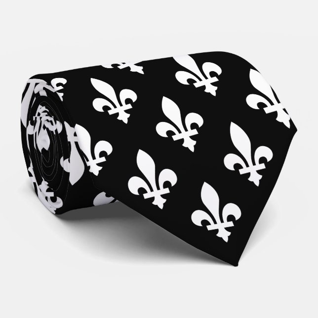 Fleur de Lis Pattern, Royal French, White on Black Neck Tie (Rolled)