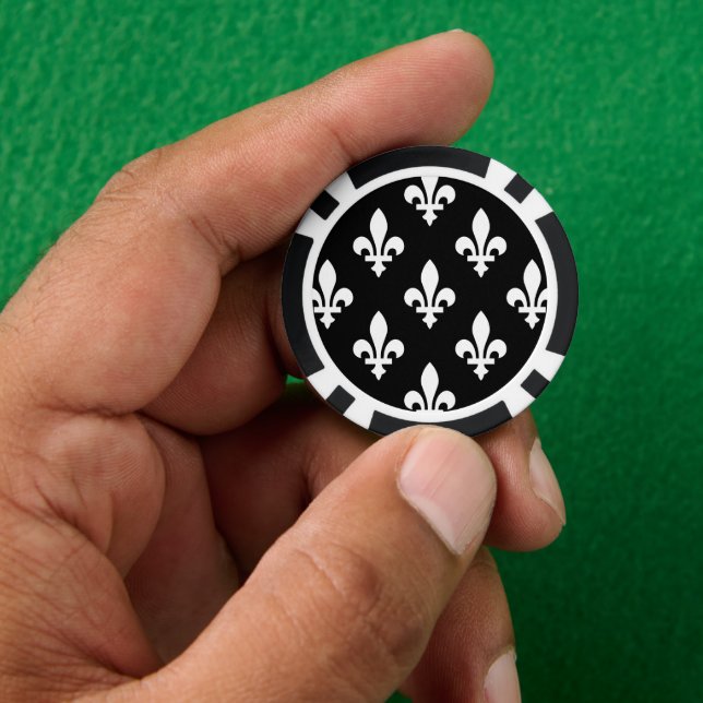 Fleur de Lis Pattern, Royal French, White on Black Poker Chips (Hand)