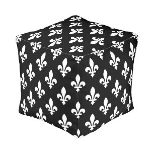 Fleur de Lis Pattern, Royal French, White on Black Pouf
