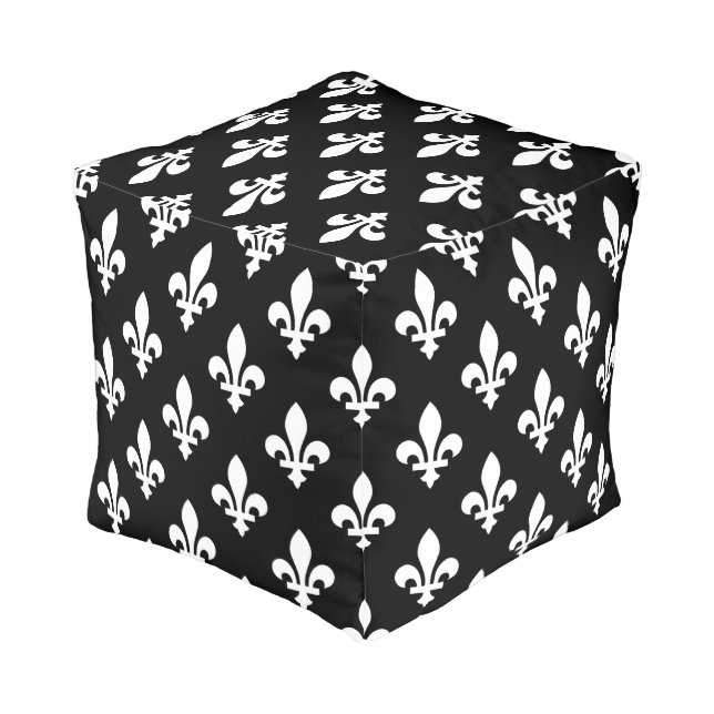 Fleur de Lis Pattern, Royal French, White on Black Pouf (Angled Back)