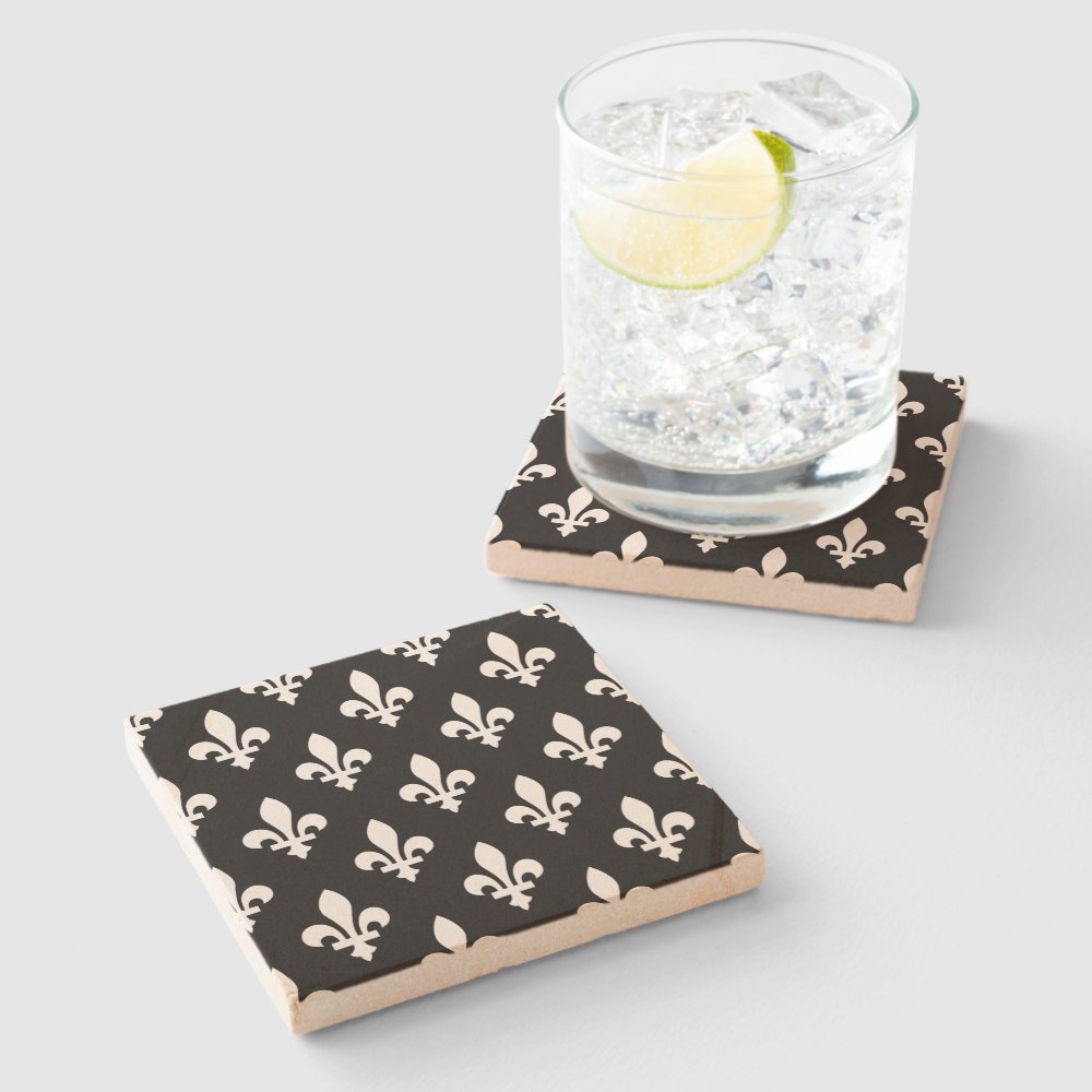 Disover Fleur de Lis Pattern, Royal French, White on Black Stone Coaster