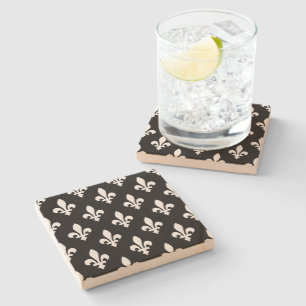Fleur de Lis Pattern, Royal French, White on Black Stone Coaster
