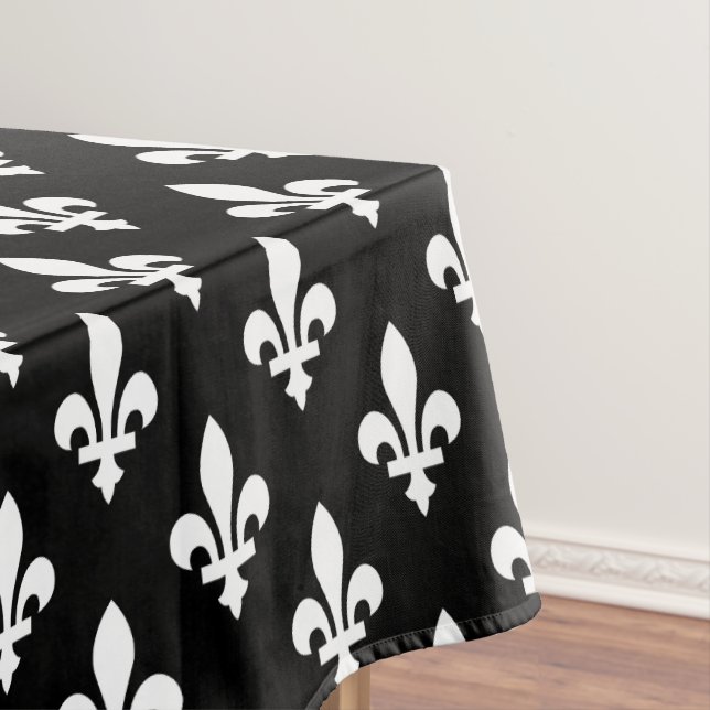 Fleur de Lis Pattern, Royal French, White on Black Tablecloth (In Situ)