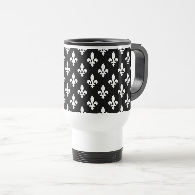 Fleur de Lis Pattern, Royal French, White on Black Travel Mug (Front Right)