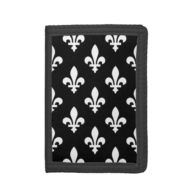 Fleur de Lis Pattern, Royal French, White on Black Trifold Wallet (Front Vertical)