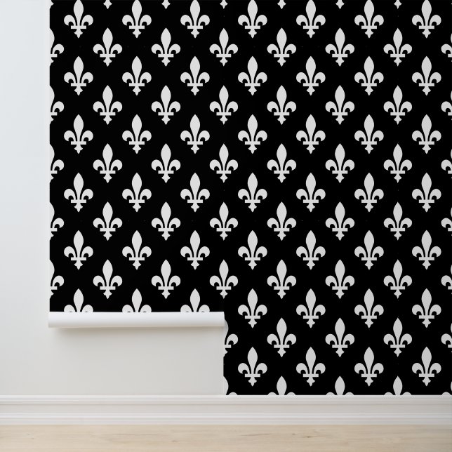 Fleur de Lis Pattern, Royal French, White on Black Wallpaper (Application)