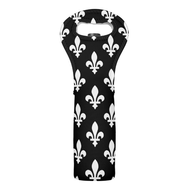 Fleur de Lis Pattern, Royal French, White on Black Wine Bag (Front)