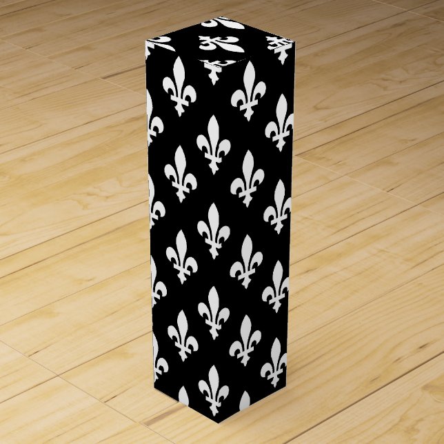 Fleur de Lis Pattern, Royal French, White on Black Wine Box (Front)