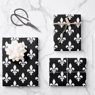 Fleur de Lis Pattern, Royal French, White on Black Wrapping Paper Sheets