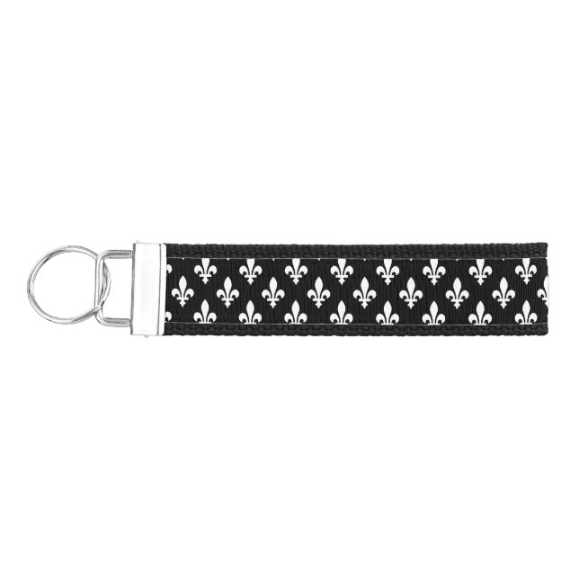 Fleur de Lis Pattern, Royal French, White on Black Wrist Keychain (Keys on Left)