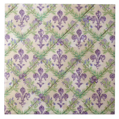 Fleur_de_lis pattern _ watercolor Iris Ceramic Tile