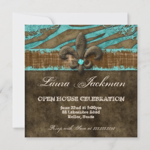 Fleur de Lis Photo Card Blue Brown Zebra Suede Announcements