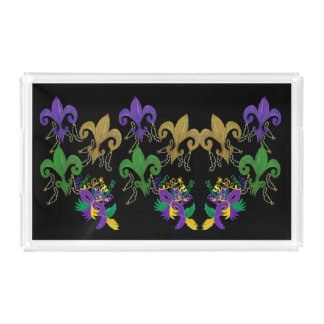 Fleur de lis purple gold green on black acrylic tray