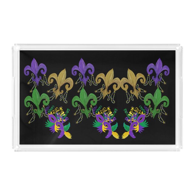 Fleur de lis purple gold green on black acrylic tray (Front)