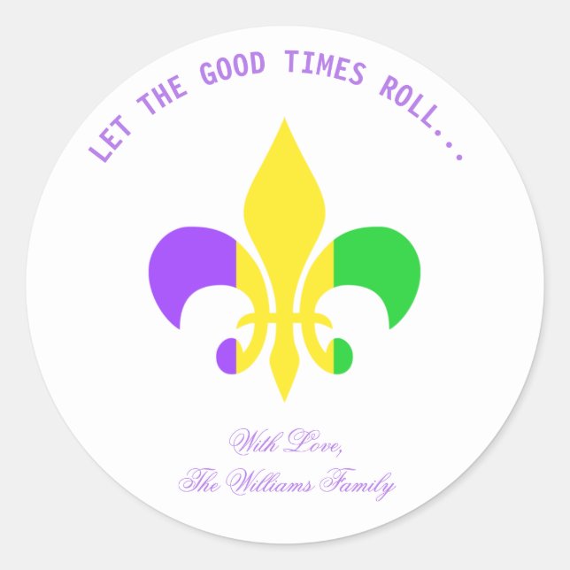 Fleur-de-Lis Purple Typography Mardi Gras Classic Round Sticker (Front)