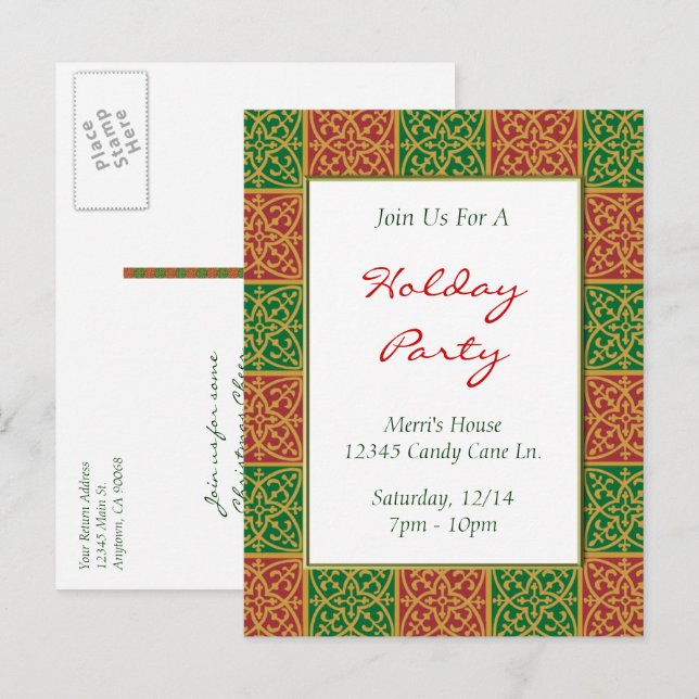 Fleur de Lis Red Green Custom Holiday Invitation Postcard (Front/Back)