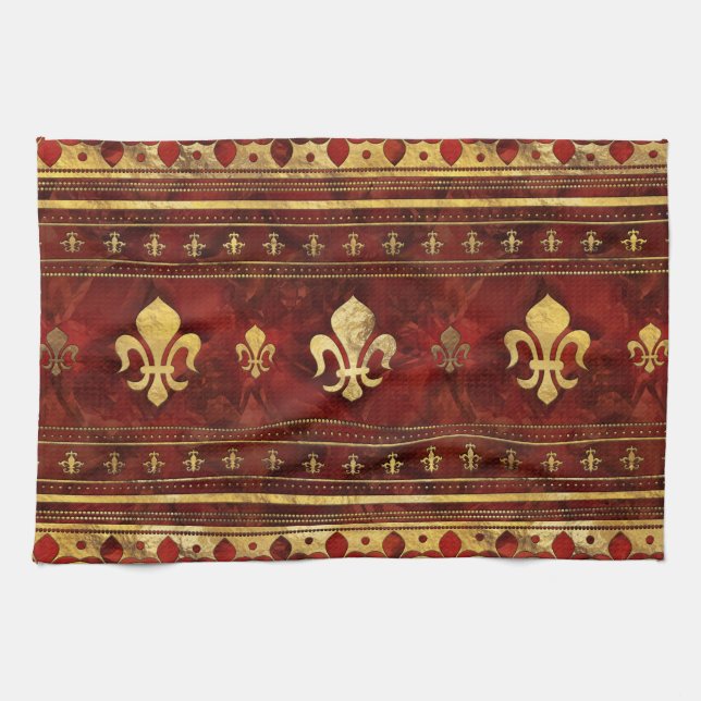 Fleur-de-lis Red Marble and Gold Kitchen Towel (Horizontal)