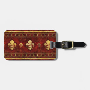 Fleur-de-lis Red Marble and Gold Luggage Tag