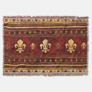 Fleur-de-lis Red Marble and Gold Throw Blanket