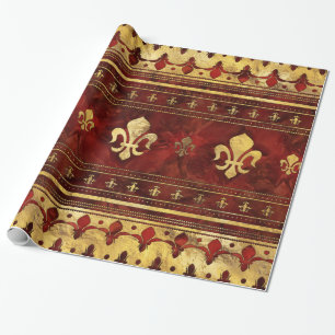 Fleur-de-lis Red Marble and Gold Wrapping Paper