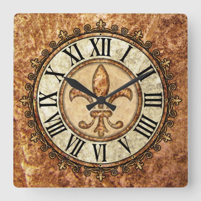 Fleur-de-lis | Roman numerals Antique Background Square Wall Clock (Front)