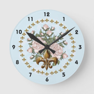 Fleur de lis roses round clock