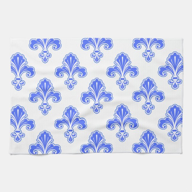 Fleur-de-lis, Royal Blue & White Kitchen Towel (Horizontal)