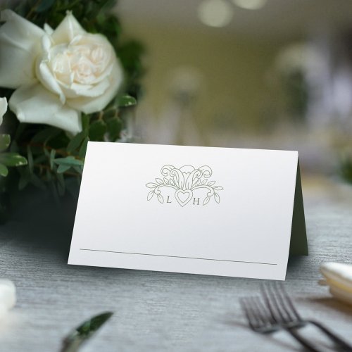 Fleur de lis sage green and white wedding table place card