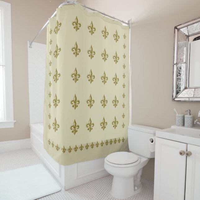 Fleur de Lis Shower Curtain Off White Yellow Gold (In Situ)