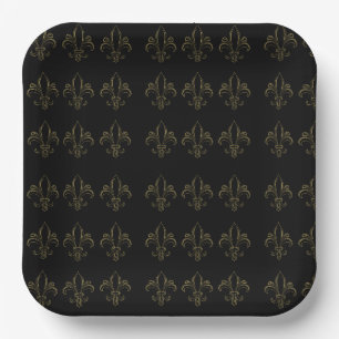 Fleur De Lis Simple Elegant Black and Gold Paper Plates
