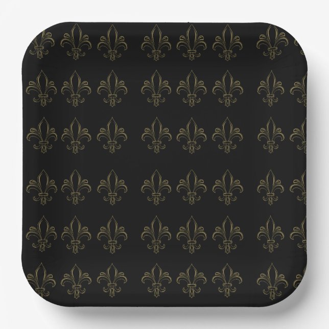 Fleur De Lis Simple Elegant Black and Gold  Paper Plates (Front)